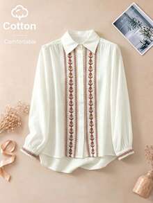 Blus Kasual Bordir Bergaya Vintage, Atasan Lengan Panjang - Krem - View 3