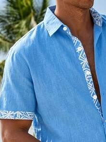 Men's Geometric Pattern Print Button-Up Short Sleeve Shirt - Blue - View 3