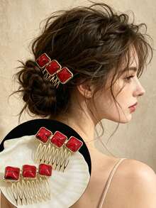 1PC Burgundy Rhinestone Metal Side Comb Hair Accessory, Non-Damaging Hair Stick For Updo And Braiding, Side Bangs And Loose Hair Styling, Suitable For Vacation, Party, Wedding, Bridesmaid And Bride,Combs - Multicolor - View 1