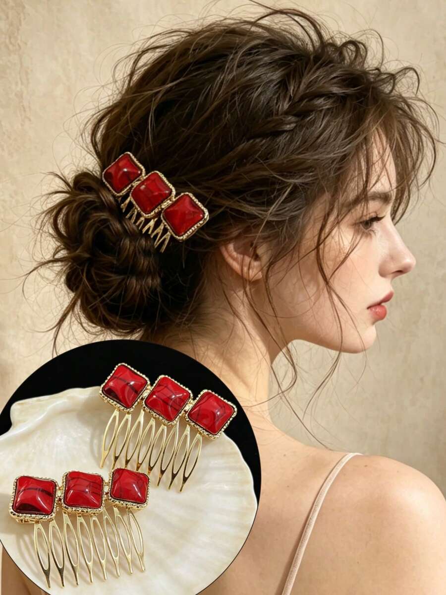 1PC Burgundy Rhinestone Metal Side Comb Hair Accessory, Non-Damaging Hair Stick For Updo And Braiding, Side Bangs And Loose Hair Styling, Suitable For Vacation, Party, Wedding, Bridesmaid And Bride,Combs - Multicolor - View 1