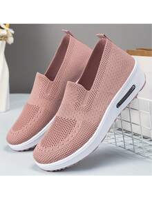 Women's Breathable Mesh Slip-On Air Cushion Walking Shoes, Comfortable Platform Wedge Sneakers, Casual Rocking Shoes For Daily Wear - 粉色 - 查看 5