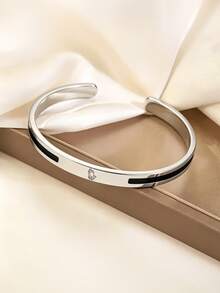 Minimal Prayer Hand Cuff Bangle For Men,Stainless Steel,Black Inlay & Engraved Pattern Open Bracelet,For Daily Wear,Birthday Gifts - Silver - View 1