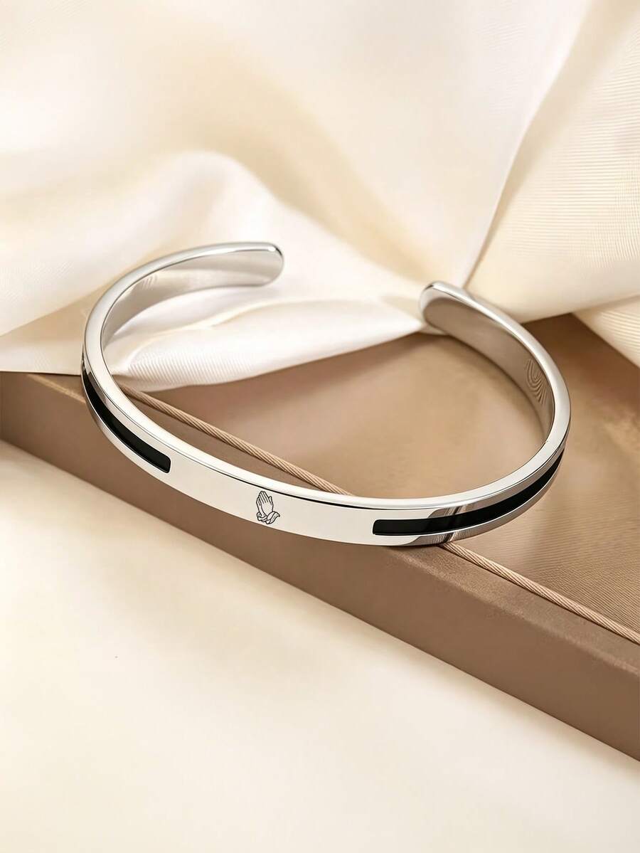 Minimal Prayer Hand Cuff Bangle For Men,Stainless Steel,Black Inlay & Engraved Pattern Open Bracelet,For Daily Wear,Birthday Gifts - Silver - View 1