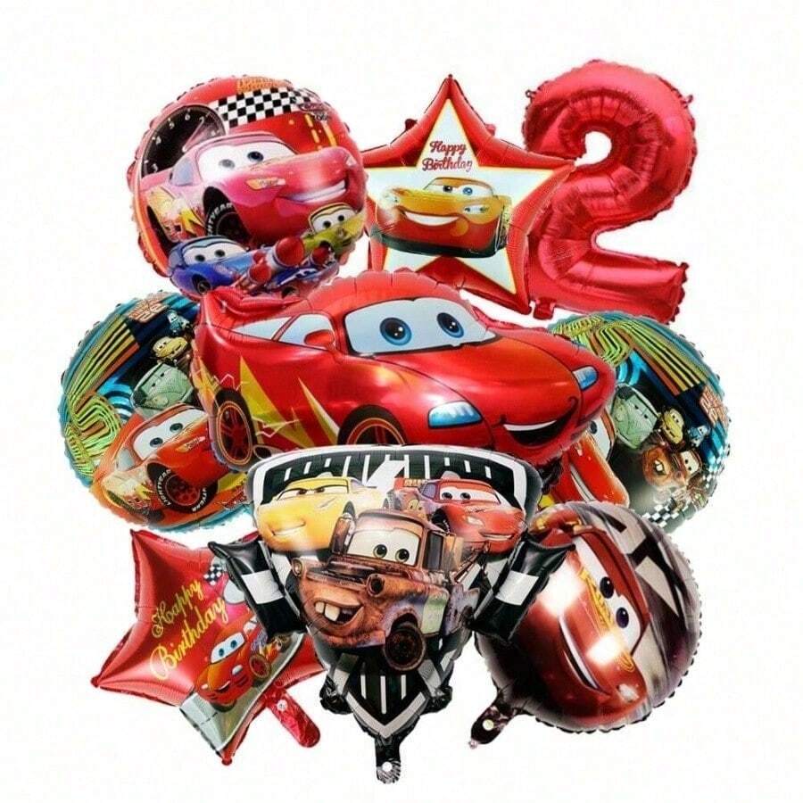 Hasbro Car Theme Birthday Balloon Bouquet, Metallic Foil Balloons, Red Star And Number Decorations For Birthday Party, For Boys - As Shown In the Figure - View 1