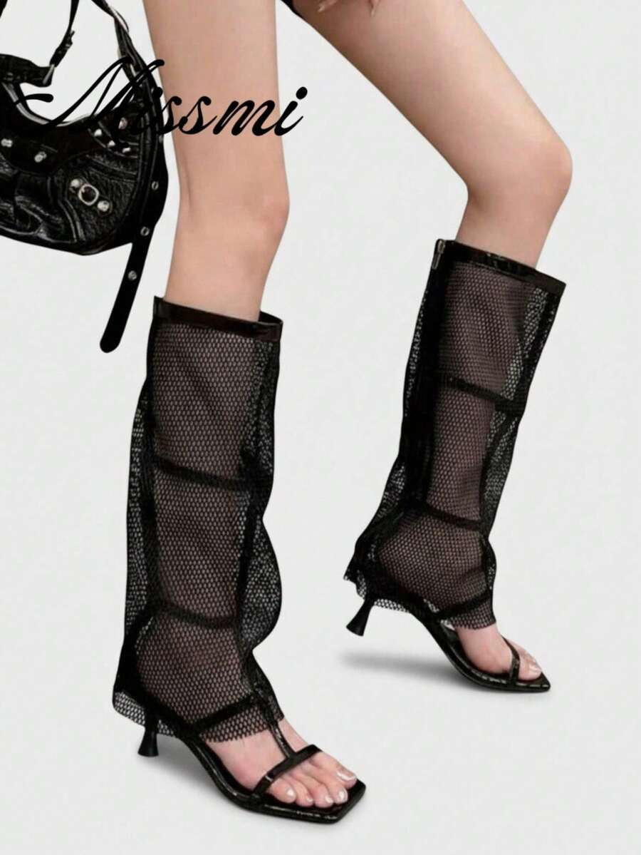 Botas altas de montar retro de puntera puntiaguda con pliegues y tacón de gatito, nuevas para 2025 - Negro - Ver 1