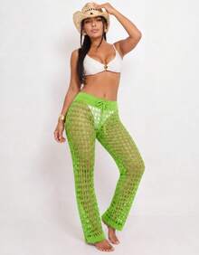 Knitted Beach Cover-Up Pants With Elastic Tie-Up Fishnet - Lime Green - View 2