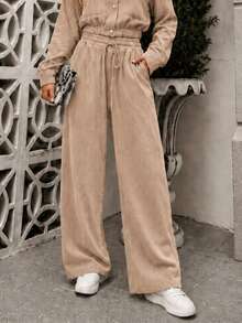 Women's Corduroy Long Sleeve Two-Piece Set, Elegant Casual Aerolook, Perfect Fit, Jacket With Buttons And Functional Pockets, Sizes M And L, Premium Quality, Various Colors Available, Autumn/Winter Season, Warm - 香檳色 - 查看 4