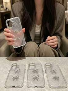 1件透明皺褶17亮面鑲鑽相機孔雙層IIMD軟邊硬殼 + 3D銀色蝴蝶結，適用於 16、15、11/12/13/14/15/16、11/12/13/14/15/16 Pro、11/12/13/14/15/16 Pro Max、14 Plus、15 Plus、16 Plus - 無色 - 查看 5