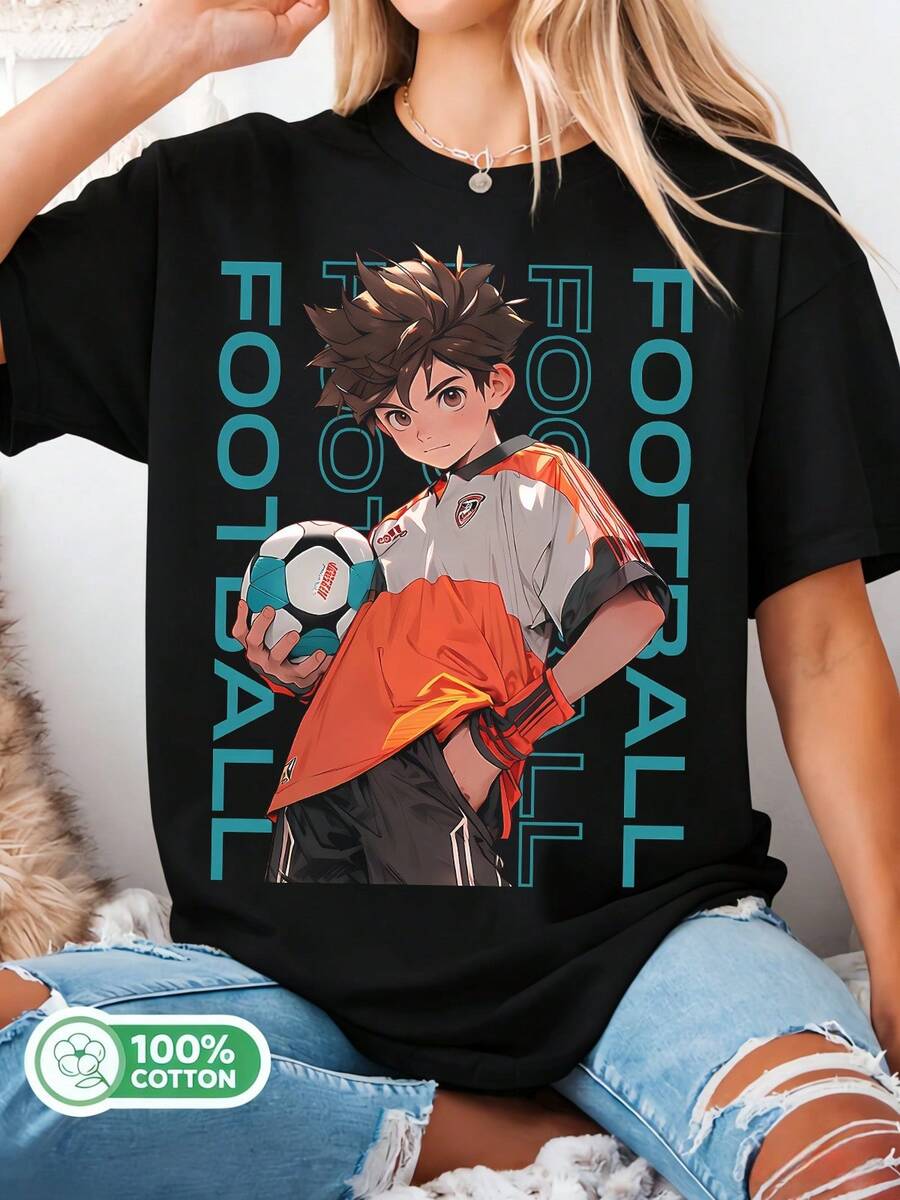 Anime Soccer Boy Graphic Cotton T-Shirt, Unisex, For Summer Sports - Black - View 1