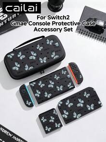 Vintage Illustration Blue Butterfly & Heart Pattern Design Switch2 (2025)/Switch NS/Switch OLED Compatible Game Console Accessory Set, Protective Case/Dock Cover/Carrying Bag/12-Card Holder, TPU Soft Shell, Beautiful & Practical, Portable Stand, Travel-Friendly, Shockproof, Scratch-Resistant, Stain-Resistant, Fashionable Romantic Gift - View 1