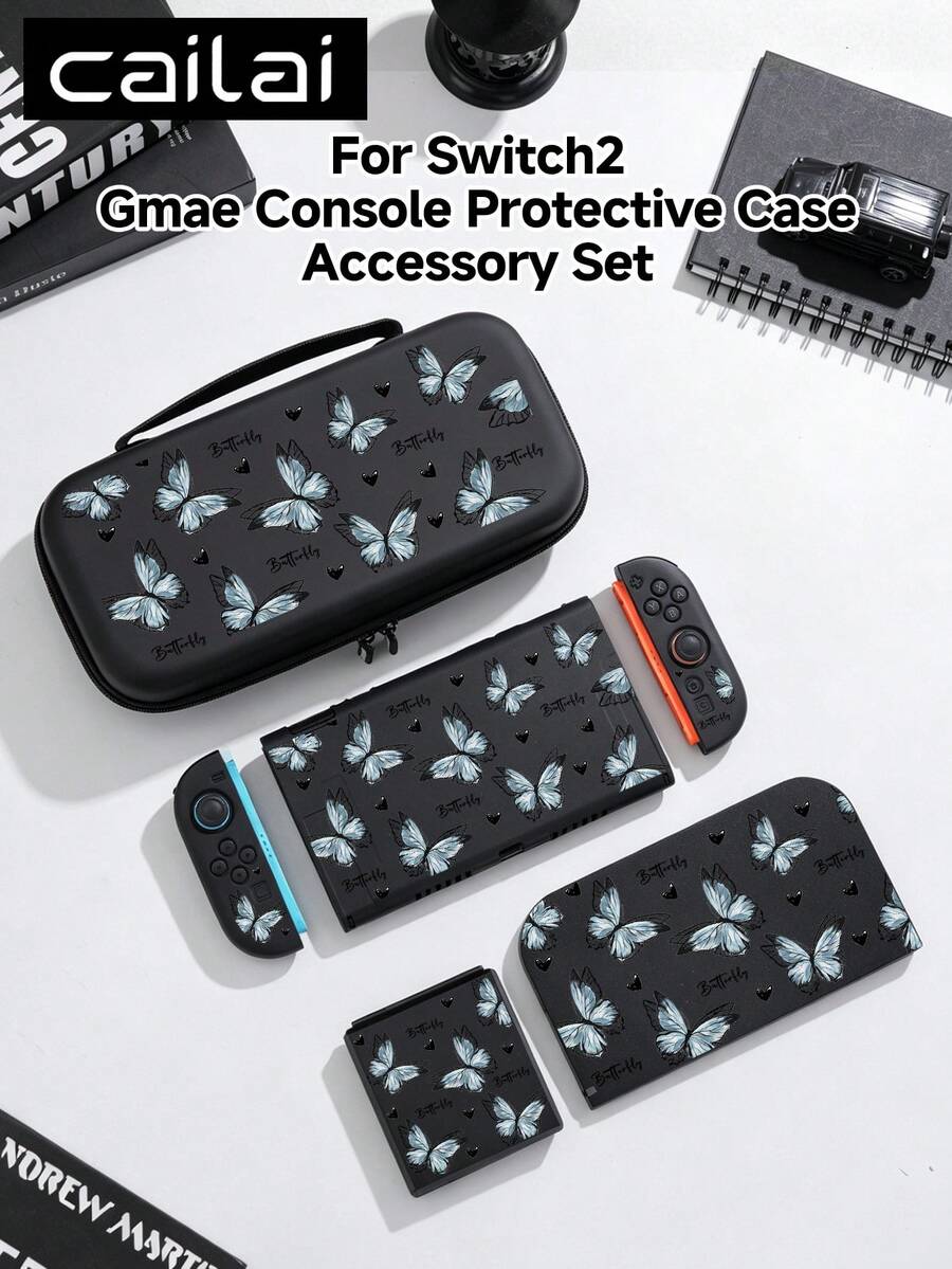 Vintage Illustration Blue Butterfly & Heart Pattern Design Switch2 (2025)/Switch NS/Switch OLED Compatible Game Console Accessory Set, Protective Case/Dock Cover/Carrying Bag/12-Card Holder, TPU Soft Shell, Beautiful & Practical, Portable Stand, Travel-Friendly, Shockproof, Scratch-Resistant, Stain-Resistant, Fashionable Romantic Gift - View 1