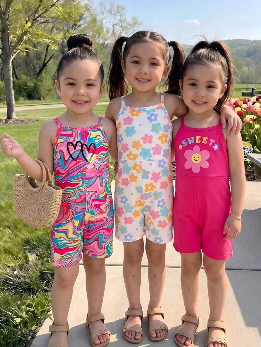 3pcs/Set Young Girls' Summer New Fashionable Cute Colorful Dopamine Floral Full Print Tie Dye Letter Print Casual Camisole Jumpsuit 3-Piece Outfit, Suitable For Outdoor Wear - Multicolor - View 1