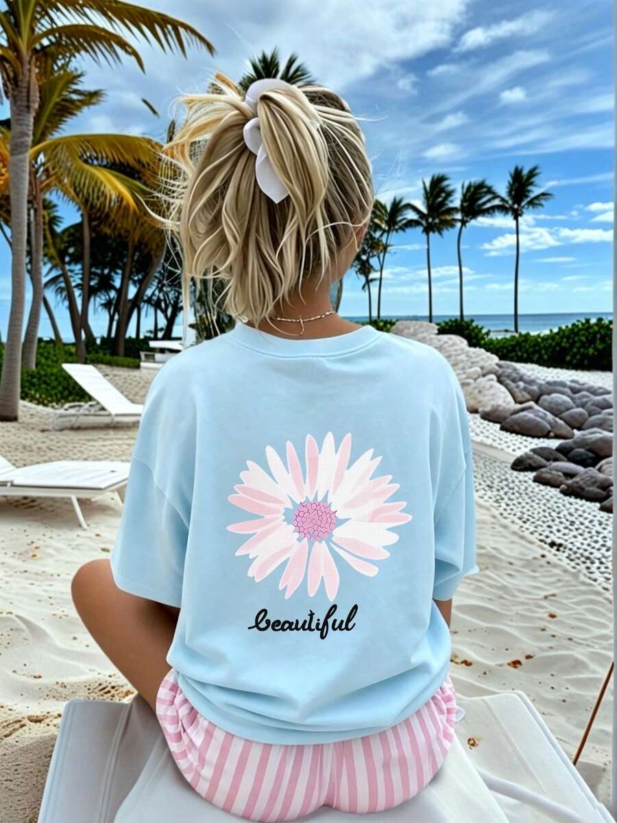 Tween Girl Floral Print Round Neck T-Shirt, Summer Top - Baby Blue - View 1