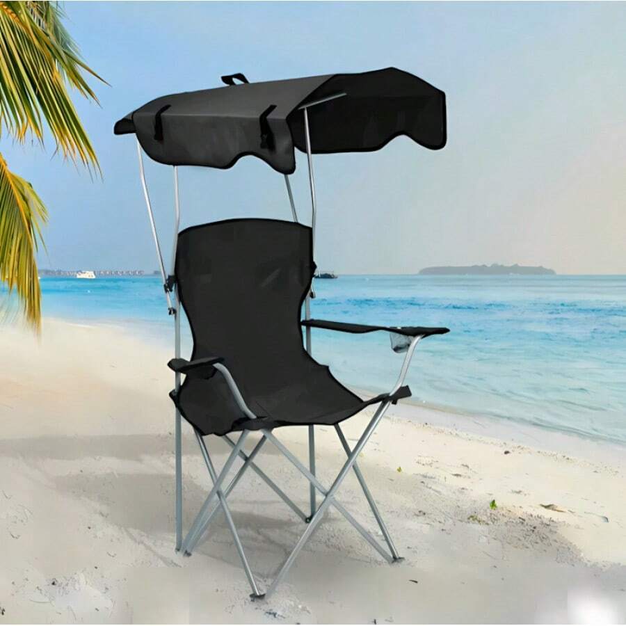 Sedia pieghevole multiuso in un unico pezzo con ombrellone in acciaio e tessuto Oxford portatile, adatta per campeggio, pesca e balcone, dimensioni 50x50x90/120 cm - nero - Visualizzare 1