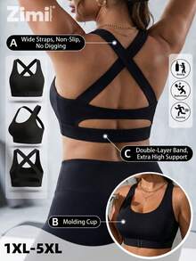 Zimi Collection Plus Size High Impact Sports Bra Front Adjustable Clasp Double Support Band Wireless Molding Cup Cross Back Workout Crop Top For Running Boxing - Black - View 4
