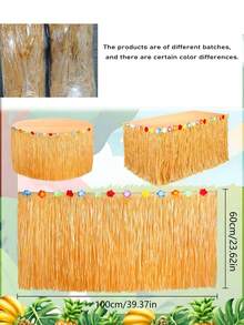 2pcs Hawaiian Grass Table Skirt, Natural Hibiscus Tropical Hawaiian Party Decor, Suitable For Indoor And Outdoor Party Decoration, Wedding Decoration, Summer Party Supplies, Straw Yellow - Yellow - View 9