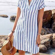 dagjydgfyja  Vestido camisero de verano para mujer, de manga corta, cuello en V y rayas, hasta la rodilla, vestidos de verano para mujer, vacaciones - Multicolor - View 2