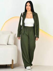 Women's Winter Set: Wide-Leg Pants, Zip-Up Top, Ribbed Knit Fabric (Fleece/Flannel), Elegant, Modern, Casual. - 軍綠色 - 查看 3