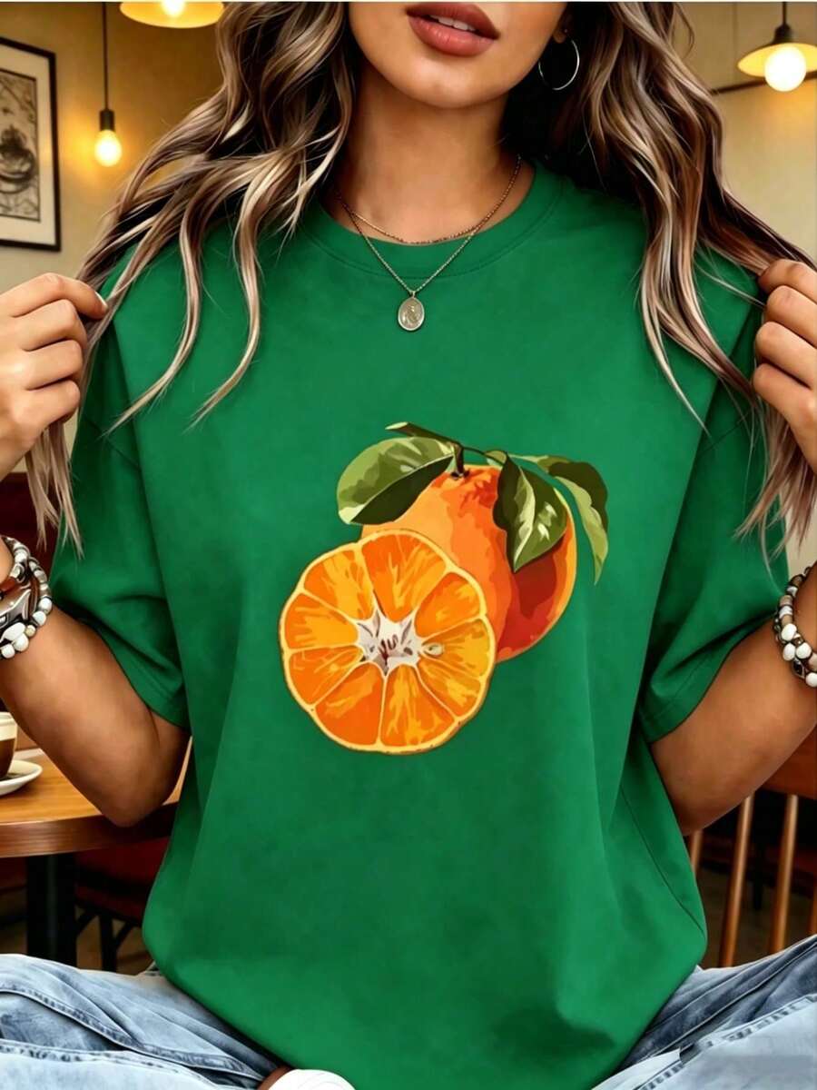 | 1 Women's 100% Breathable Cotton T-Shirt | Bright Pink Short Sleeve Casual T-Shirt For Women - Soft Polyester Crew Neck Top With Vibrant Orange Slice And Leaf Geometric Print, Machine Washable For Spring Summer Casual Wear, Fruit Print T-Shirt, All Season Fabric - Ideal For Summer - 綠色 - 查看 1
