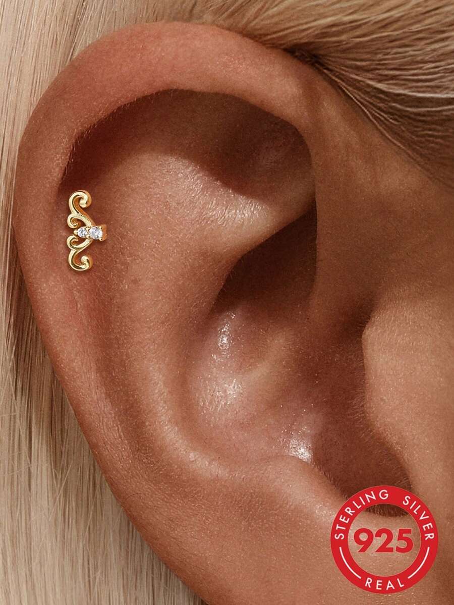 925 Sterling Silver Gothic Floral Flat Back Piercing Stud Earrings, Cartilage Conch Ear Jewelry, Women's Floral Hidden Conch Piercing Earrings, Unique Punk Style Jewelry - Gold - View 1