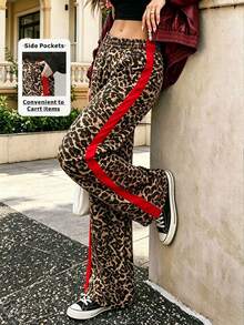 Women's Leopard Print Flare Pants, Elastic Waist Side Red Stripe Casual Pants, Street Style, Suitable For Autumn/Winter Daily Wear, Travel, Vintage, Halloween & Christmas Outfits - Leopard Print - View 3