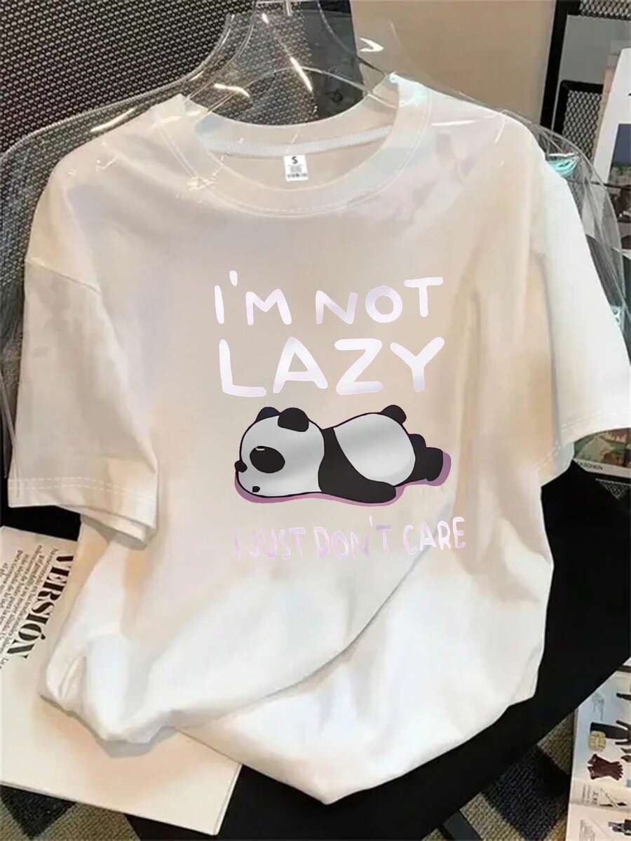 Top de mujer de manga corta y cuello redondo con estampado de pandas en blanco y negro, perfecto para todas las estaciones. - Blanco - Ver 1