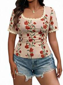 Blazique Plus Size Textured Print Knit U-Neck Bodycon Casual Vacation Elegant Women T-Shirt, Suitable For Daily And Holiday Wear Summer - Multicolor - View 1