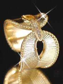 1 pieza Anillo de compromiso de lujo con forma de arco simétrico de circonita cúbica, anillo estilo corte retro con apertura para mujeres, regalo & uso diario, uso en fiestas y banquetes - Amarillo Oro - Ver 9