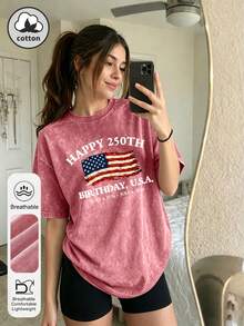 Plus Size Women's Summer Vacation Casual American 4th Of July Independence Day Print Round Neck Short Sleeve Red Washed T-Shirt - Red - View 1