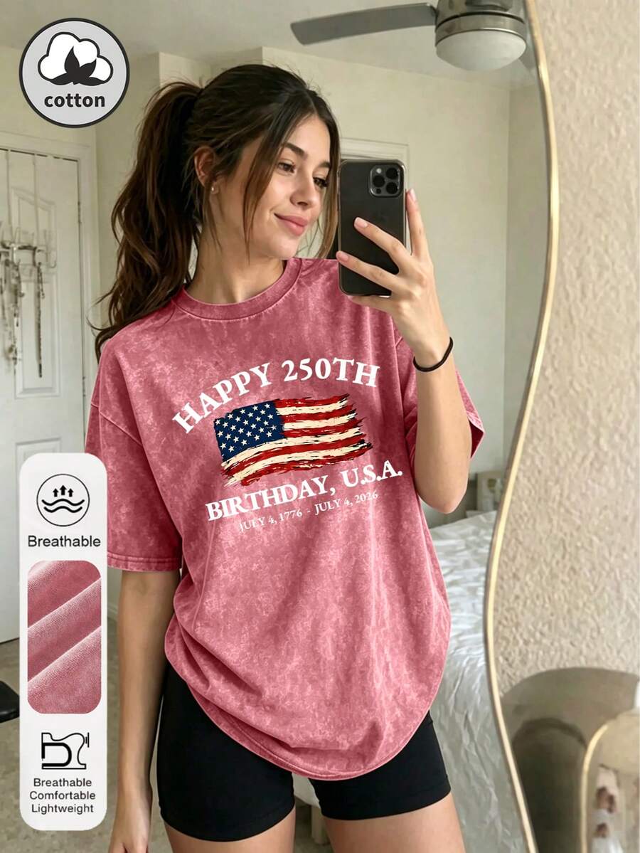 Plus Size Women's Summer Vacation Casual American 4th Of July Independence Day Print Round Neck Short Sleeve Red Washed T-Shirt - Red - View 1