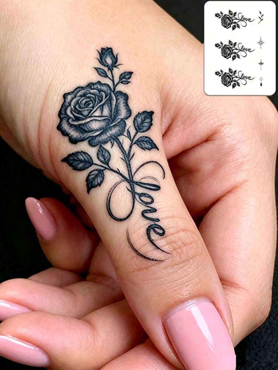 Pegatina de tatuaje semipermanente de huella dactilar Y2K, duración de 1-2 semanas, patrón de rosa LOVE, tatuaje temporal de línea fina DIY para dedo, oreja, hombro, cuello, clavícula - Azul - Ver 1