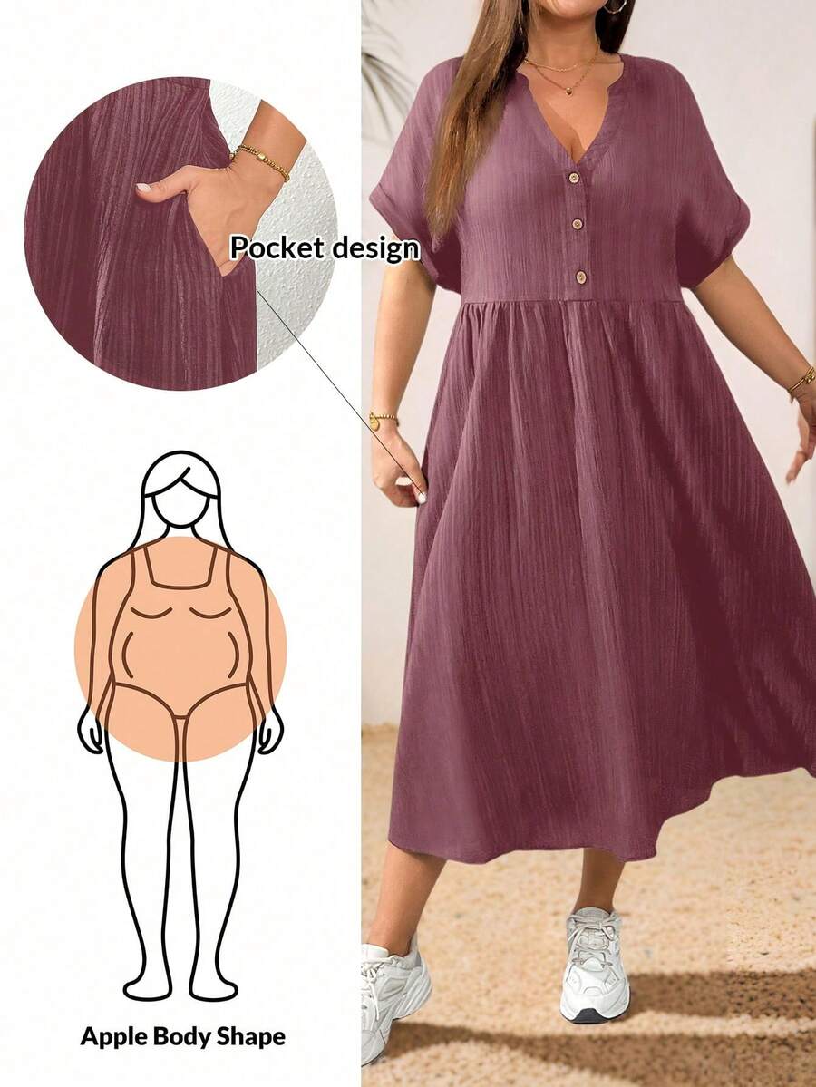 Vestido de manga corta de longitud media con cuello en V, de tela texturizada negra, suelto y cómodo, para uso diario, de moda casual para primavera y verano, con bolsillos, para mujeres de talla.Atuendos de verano para mujeres, vestido de trabajo, vestido negro curvilíneo, ropa de iglesia para mujeres. - Rosa vieja - Ver 1