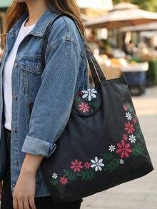 Bolsa de compras reutilizable con diseño de flor de hoja negra, bolsa plegable de gran capacidad, duradera y lavable - Negro - Ver 6