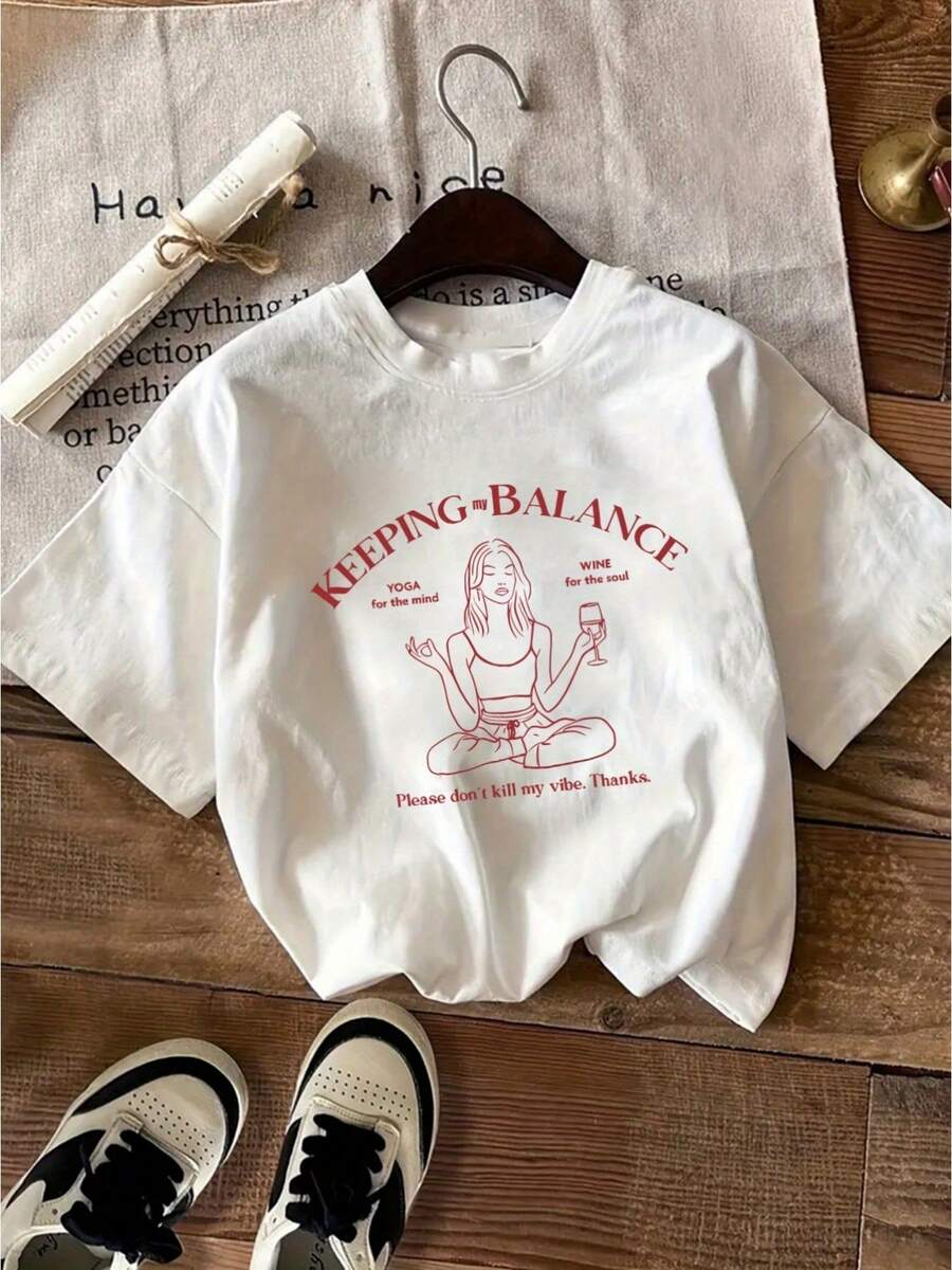 T-Shirt Con Stampa Di Lettere, Top Casual A Maniche Corte Con Scollo Rotondo Per L'estate E La Primavera, Abbigliamento Da Donna, T-Shirt Retrò Dalla Vestibilità Comoda - 白色 - 查看 1