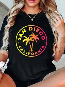 100% Cotton San Diego California Palm Trees Beach Vintage Retro T-Shirt - Đen 6 - Xem 1