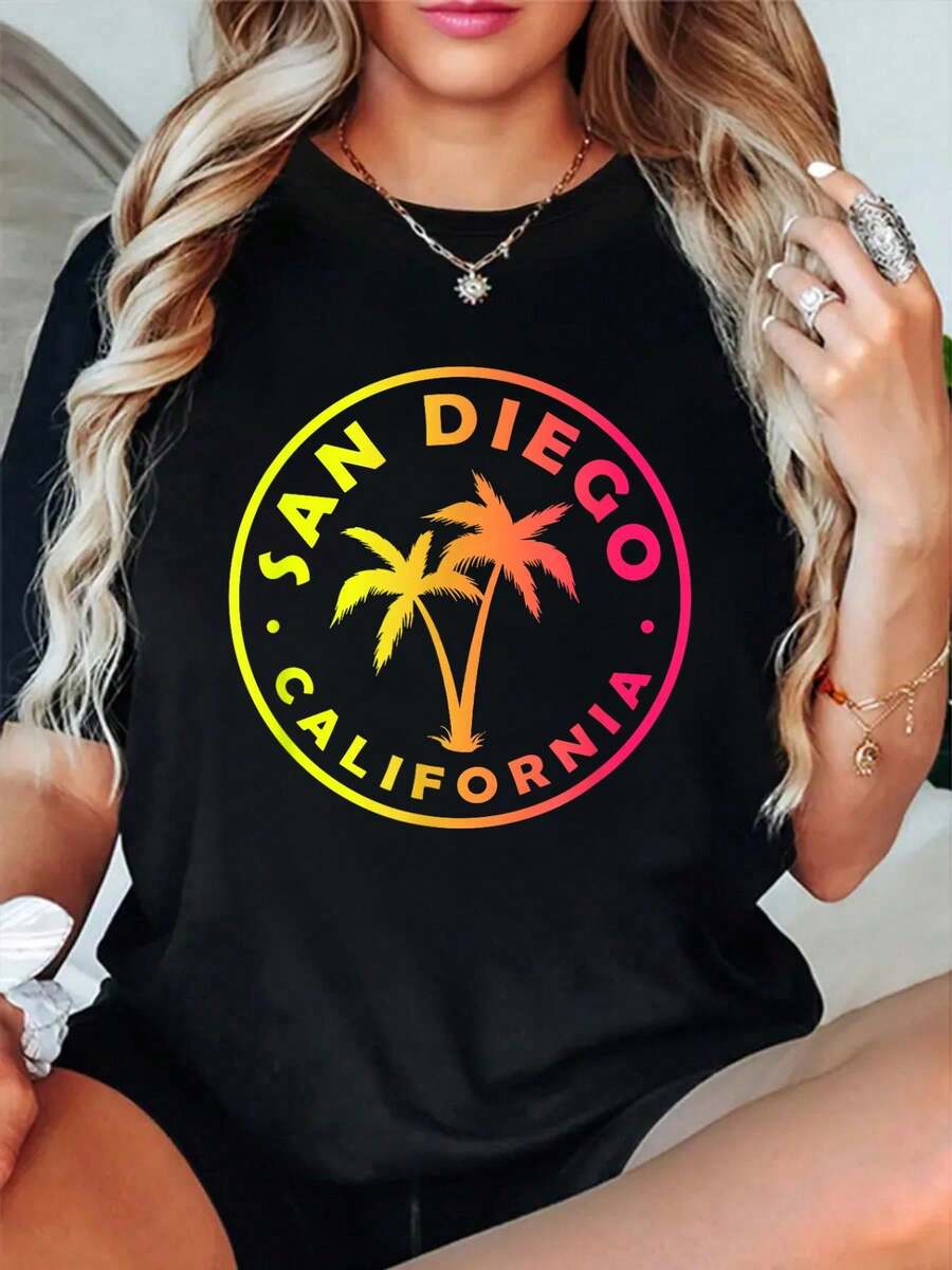 100% Cotton San Diego California Palm Trees Beach Vintage Retro T-Shirt - Đen 6 - Xem 1