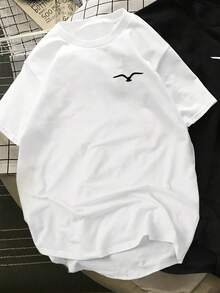 Verano 2025, Nuevo Conjunto de Dos Piezas para Hombre, Talla, Diseño Moderno y Cómodo, Camiseta con Estampado Gráfico Seagull [180g% Algodón] [Selección de An Ruoyu] - Blanco - Ver 2