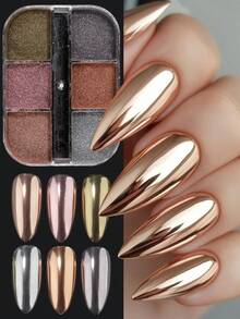 6 Grilles Poudre Miroir Magique Métallique pour Nail Art Poudre Holographique Scintillante Argent Champagne Doré Paillettes pour Ongles DIY Poudre de Frottage Pigment Décoration Manucure - Multicolore - Voir 2