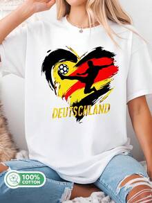 Unisex Cotton T-Shirt With German Heart Flag Graphic For Football Fans Summer - White - View 1
