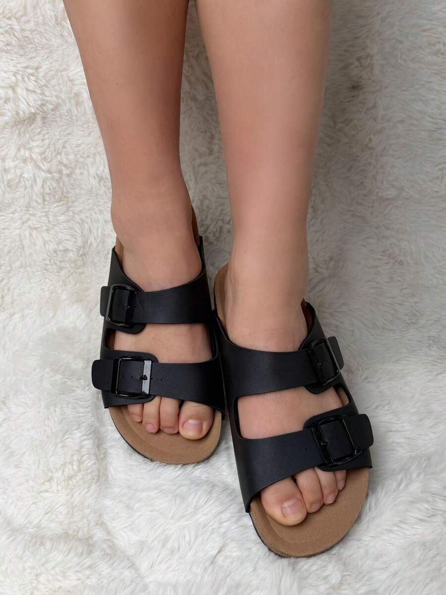 女款極簡露跟舒適度假風 Birkenstocks 風格平底穆勒涼鞋，米色，夏季鞋