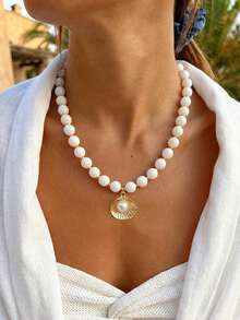 BOHO 1pc Vintage French Elegant Fashion Hip Hop Bohemian Vacation Style Bling Bling Colorful Beaded White Pearl Starfish Shell Pendant Tassel Long Necklace Set, Personalized Exaggerated Unique Y2K Multi-Piece Layered Y-Shaped Collarbone Chain Sweater Chain, Suitable For Women Summer Beach Vacation Party Evening Dinner Music Festival Date Gift Daily Wear All Season Versatile Jewelry - White - View 1