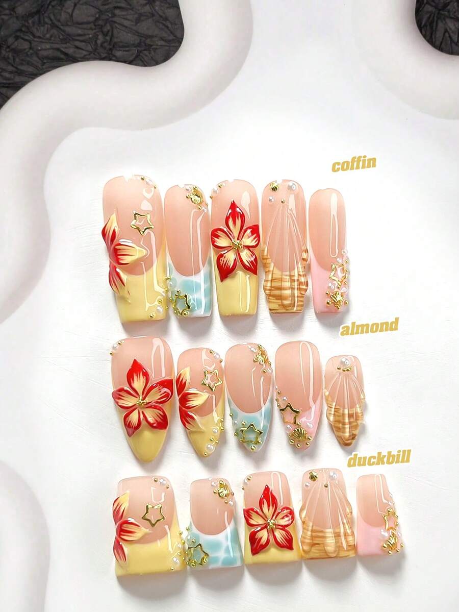 10pcs Handmade Summer Vacation Style Press-On Nail Set, Polymer Gel Embellished, Shell & Star Decor, Yellow/Pink/Blue Nail Polish, Includes Nail Tools, 3 Sizes Available, Almond/Duck/Coffin Shape, Suitable For Party, Dancing, Daily Wear - Multicolor - View 1