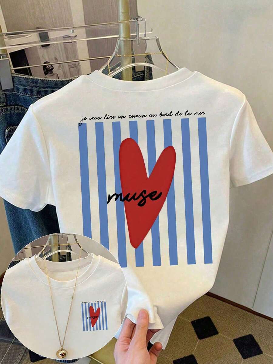 Niche Design Resyla Women's Loose Fit Short Sleeve White T-Shirt, Floral White And Blue, Summer, Casual, City Break, Retro Preppy Style With Red And Blue Stripes And Co Print - 白色 10 - 查看 1