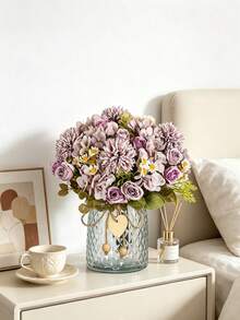 1/3pcs 11.22 Inch Artificial Hydrangea, Rose, Daisy, Ball Mum Mixed Flower Arrangement, Suitable For New Year Party, Wedding, Birthday Anniversary, Fireplace And Dining Table Decor, Garden Gate Indoor Outdoor Home Decor, Llama Decor, Thanksgiving Decor, DIY Wreath, Gift, Table Centerpiece, Etc. - Purple - View 9