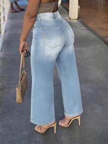 Women's Casual Loose-Fit Solid-Color Mid-Rise Straight-Leg Jeans - Featuring Distressed Rips And Tears; Suitable For All Seasons. - Màu xanh bạc hà - Xem 4