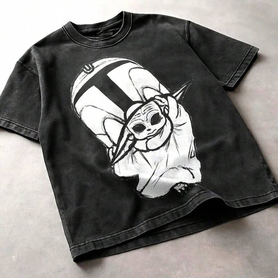 Men's Pure Cotton T-Shirt Grogu Rocket Vintage Acid Wash T-Shirt, Cute Sci-Fi Meme Graphic Tee, Retro Space Washed Hoodie, Unisex Streetwear Fan Gift. 100% Cotton 1PC 180g Teen Girls Teen Shirts Juniors Girl Clothes Teen Tops Kids Girls Clothing Christmas Gift For Kids Happy New Year Gift , Gifts Birthday Gift - 黑色 - 查看 1