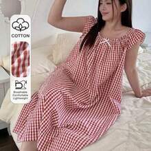 dahkjdgajy  Plus Camisón holgado de franela con lazo decorativo y solapas anchas para tallas grandes - Rojo y blanco - Ver 1