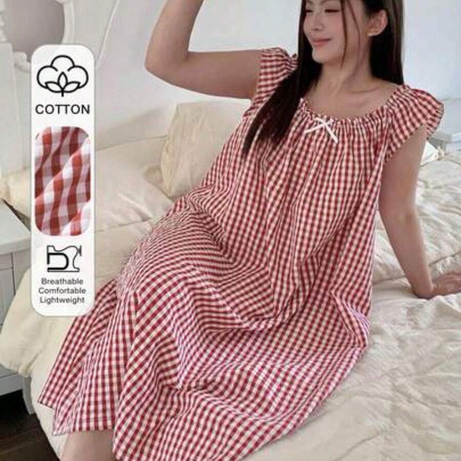 dahkjdgajy Plus Camisón holgado de franela con lazo decorativo y solapas anchas para tallas grandes - Rojo y blanco - Ver 1