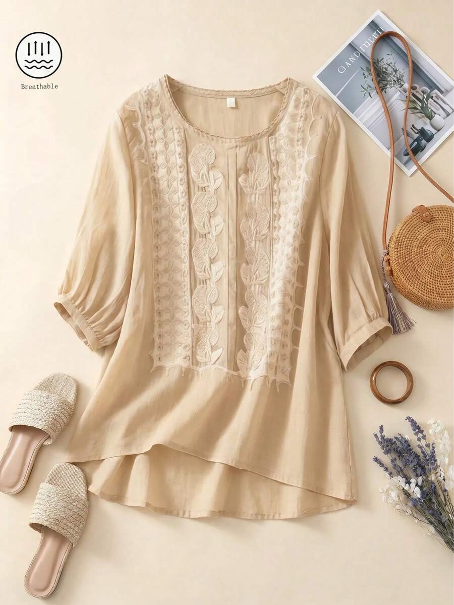 Women's Loose Retro Embroidery Pullover Tops, Spring/Summer - Khaki - View 1
