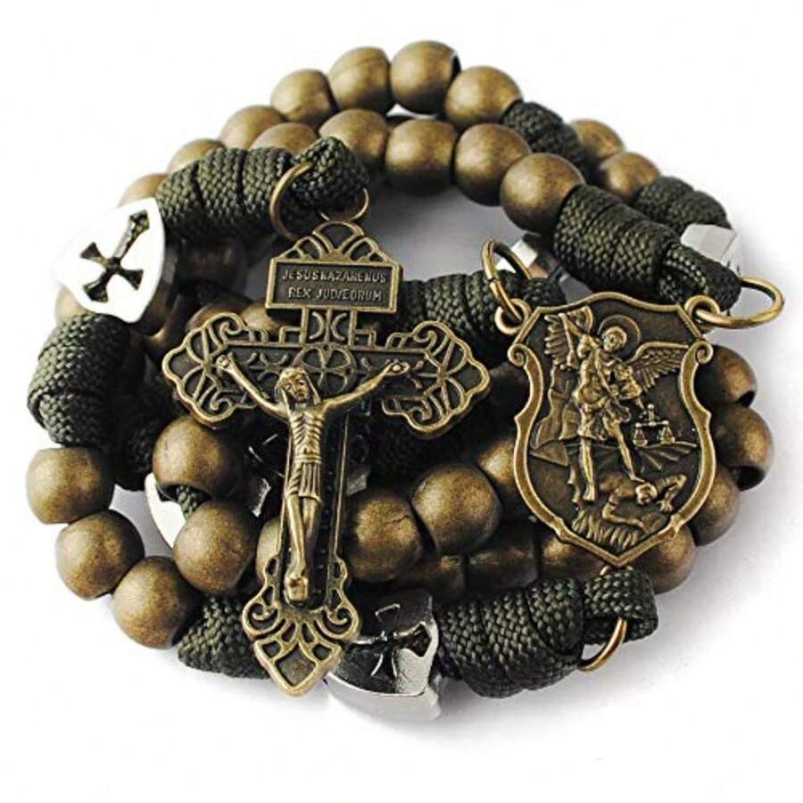 HanlinCC - Collar con abalorio metal bronce envejecido, resistente y duradero, con pieza central de San Miguel y crucifijo de indulto para hombres - Rosario de cobre antiguo St.Michael Paracord - Ver 1